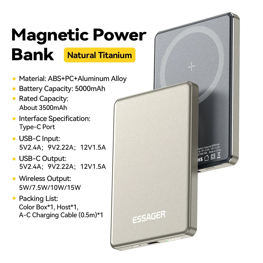 Power Bank Essager magnético inalámbrico ultrafino de 20 W y 5000 mAh – Batería externa