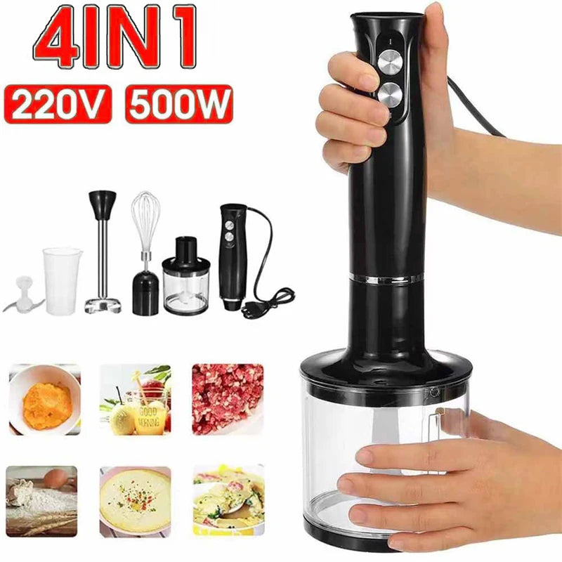 Batidora de mano eléctrica 4 en 1, 500 W, batidora portátil con cuchilla de acero inoxidable