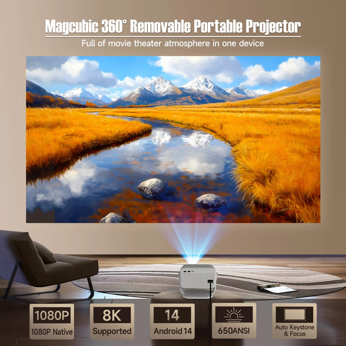 Magcubic Native 1080P 650Ansi 8K Android14 L018 Projector with Auto Keystone Correction Focus Wifi6 Bt5.4 Portable Movie Outdoor