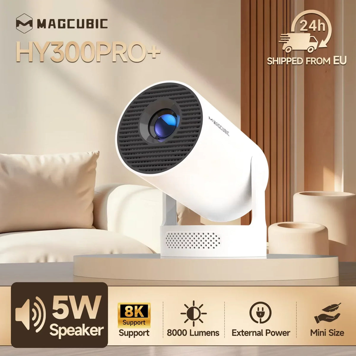 Proyector para exteriores Magcubic HY300 Pro+ 8K, 8000 lúmenes, Android 14, WiFi 6, BT 5.4, portátil, altavoz HiFi de 5 W, HD 720p