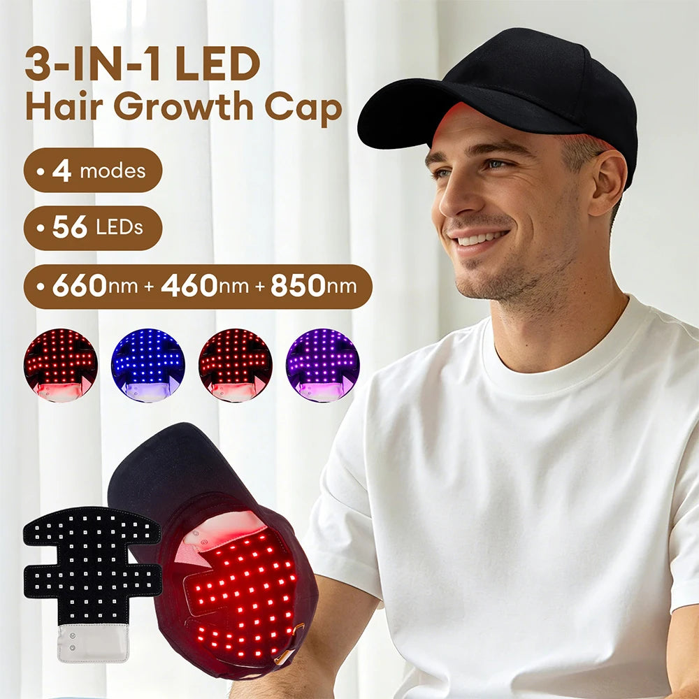 Gorro LED para cuidado capilar con 56 LED, luz roja, azul e infrarroja, recargable